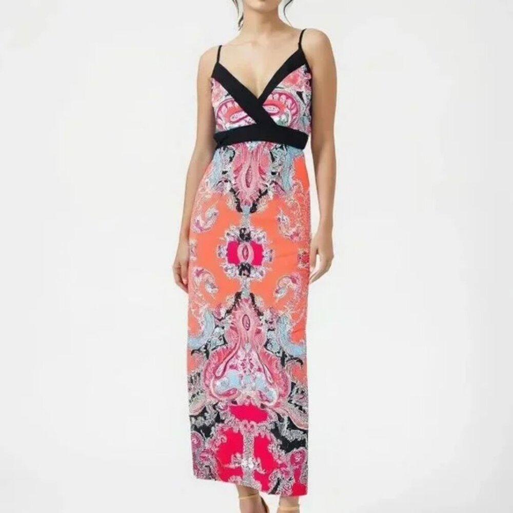 MSK Coral Pink Teal Bohemian Paisley Stretch Goddess Maxi Long Tube Dress L 10
